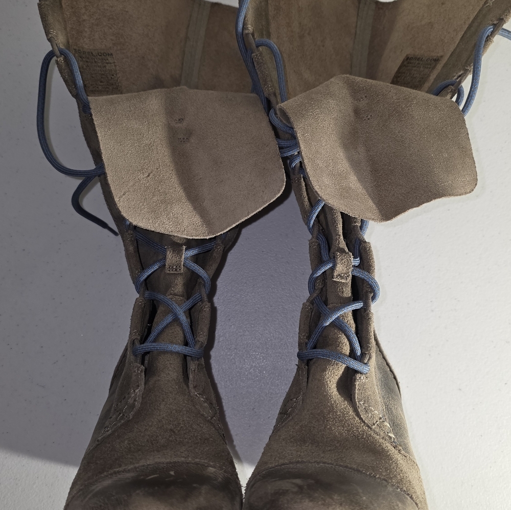 SOREL CATE THE GREAT WEDGE Tall Brown W/ Blue laces Leather RARE HTF Sz 7/38 - Picture 15 of 16